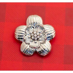 Vintage Floral Rhinestone Silver Tone Brooch - O3